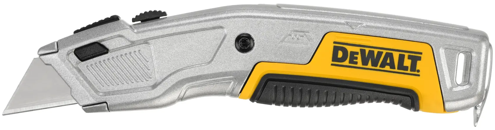 Ein DEWALT Universalmesser mit einziehbarer Klinge, silbernem Gehäuse und gelben sowie schwarzen Akzenten. Das DEWALT-Logo ist am Griff zu sehen.