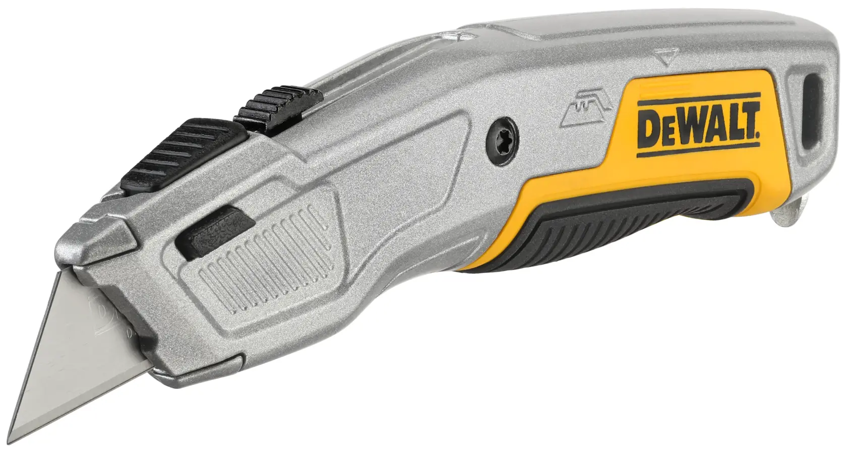 A DEWALT utility knife with a retractable blade, silver body, and yellow and black accents. The DEWALT logo is visible on the handle.