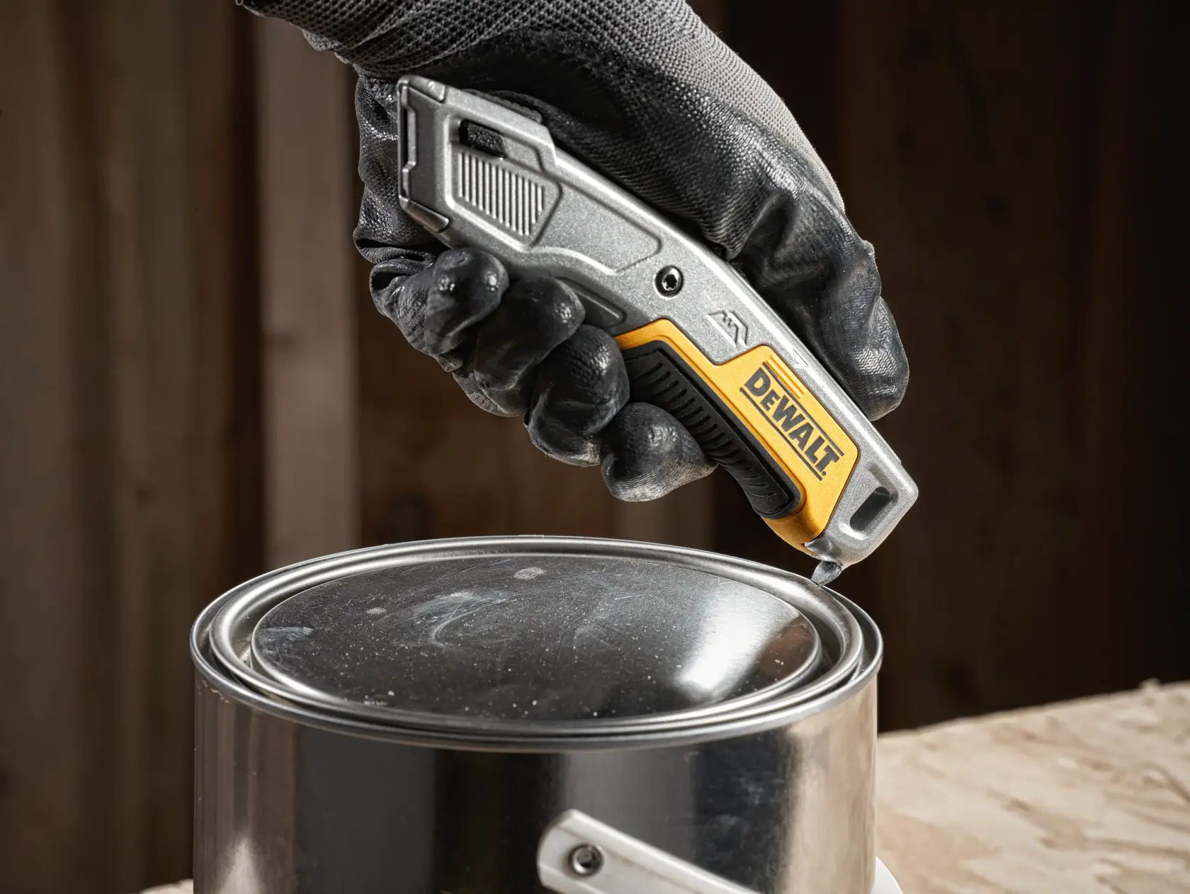 Un couteau utilitaire DEWALT avec une lame rétractable, un corps argenté et des accents jaunes et noirs. Le logo DEWALT est visible sur le manche.