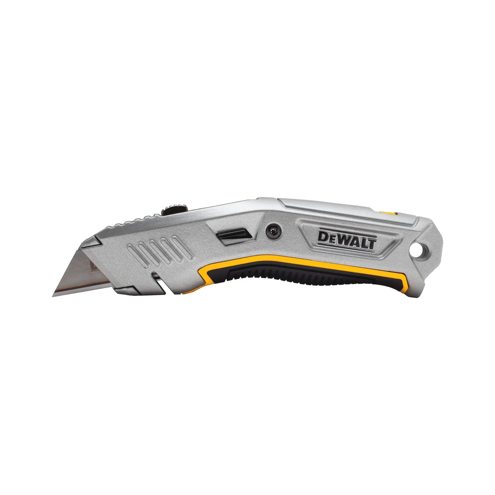 Ein DEWALT Universalmesser mit einem Metallgehäuse, gelben und schwarzen Akzenten und einer einziehbaren Klinge, dargestellt vor weißem Hintergrund.