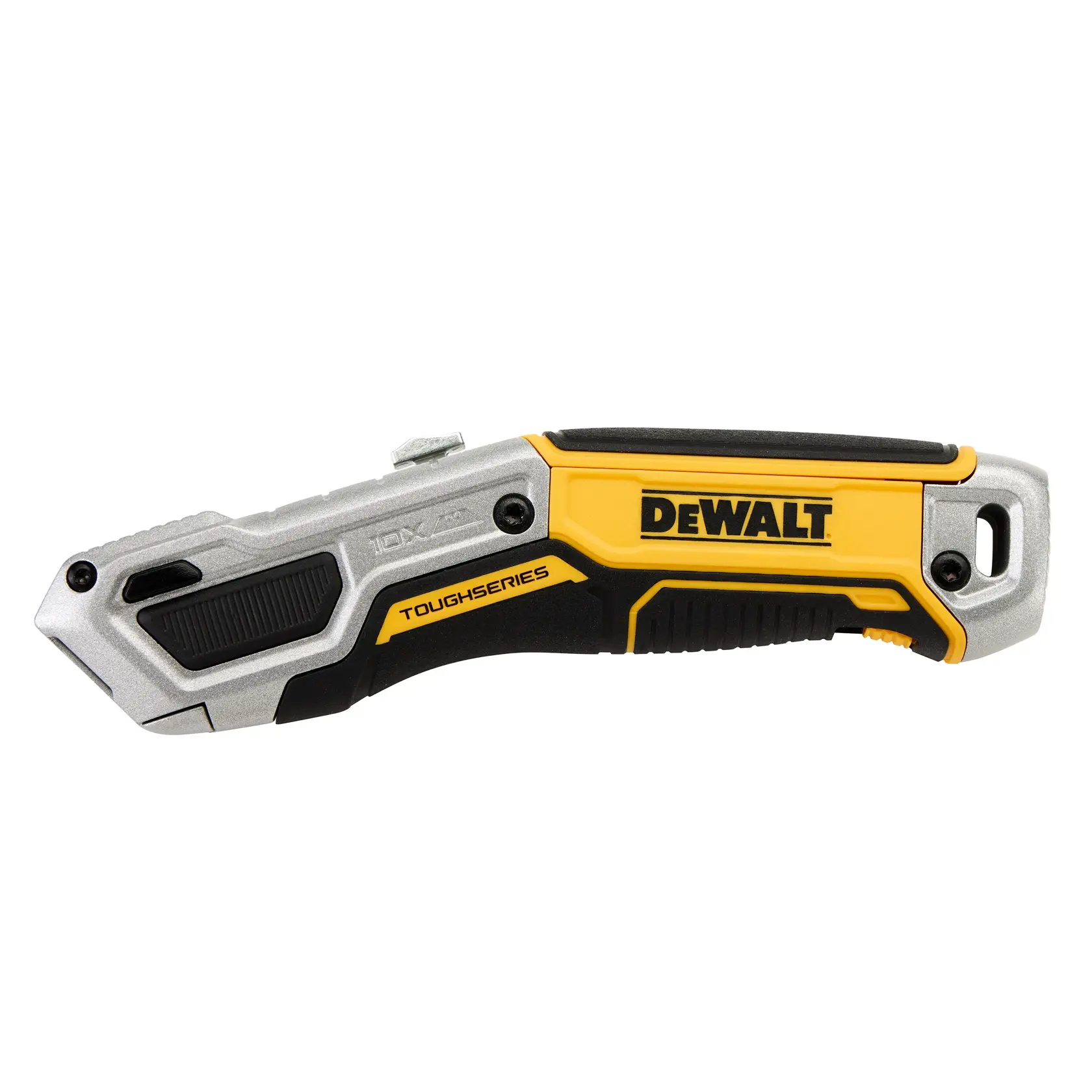 DEWALT ToughSeries Universalmesser mit Silber-, Schwarz- und Gelbgriff, geschlossen und seitlich gezeigt.