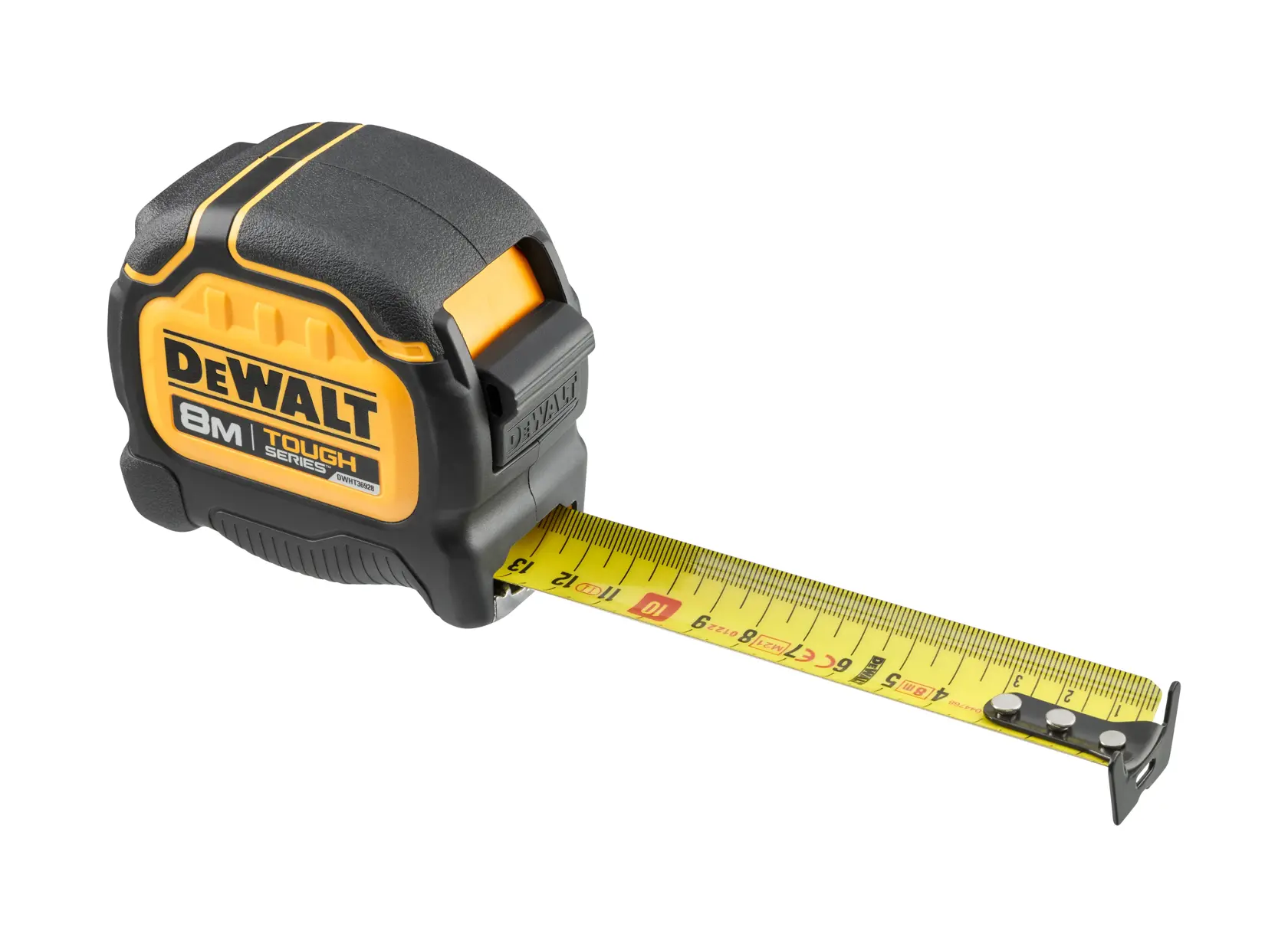 DEWALT Tough Series 8m gelbes Maßband mit schwarzem Gehäuse, teilweise ausgezogen.