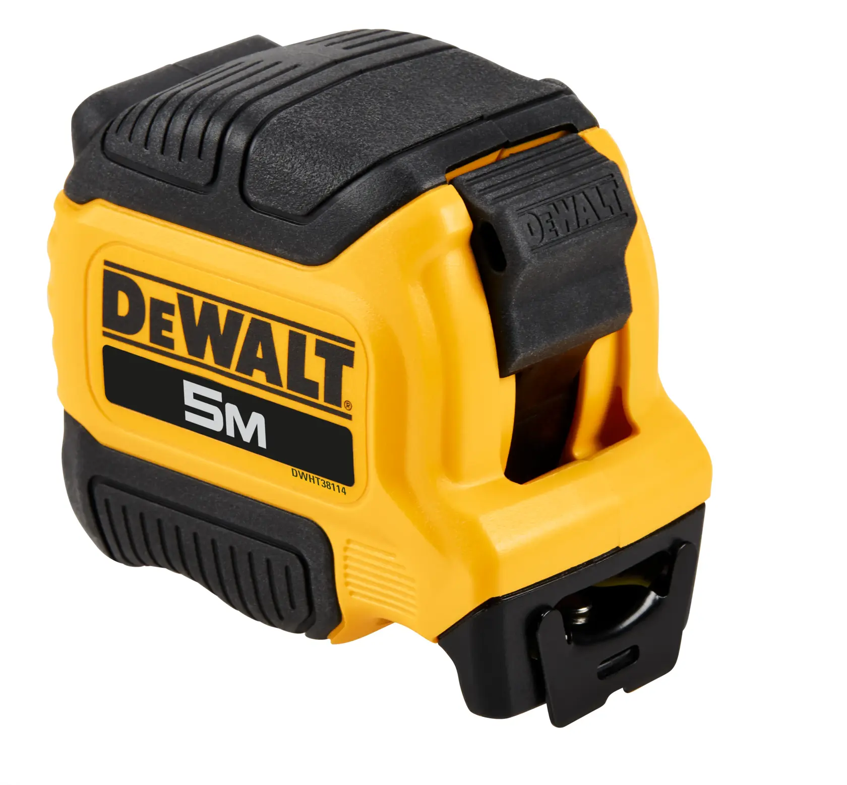 Ein 5 Meter langes gelbes und schwarzes DEWALT Maßband mit robustem Gehäuse, das für Langlebigkeit entwickelt wurde.