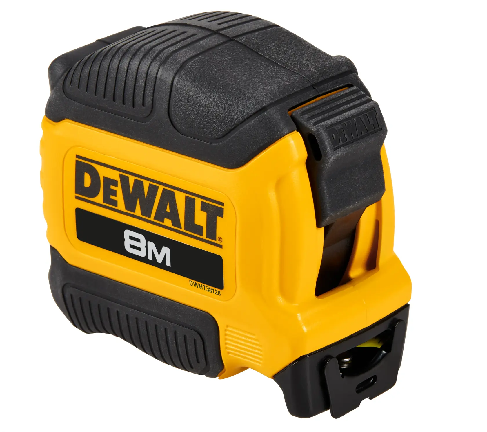 Nahaufnahme eines DEWALT 8 Meter Maßbands mit gelb-schwarzem Gehäuse und der Kennzeichnung DWHT38128.