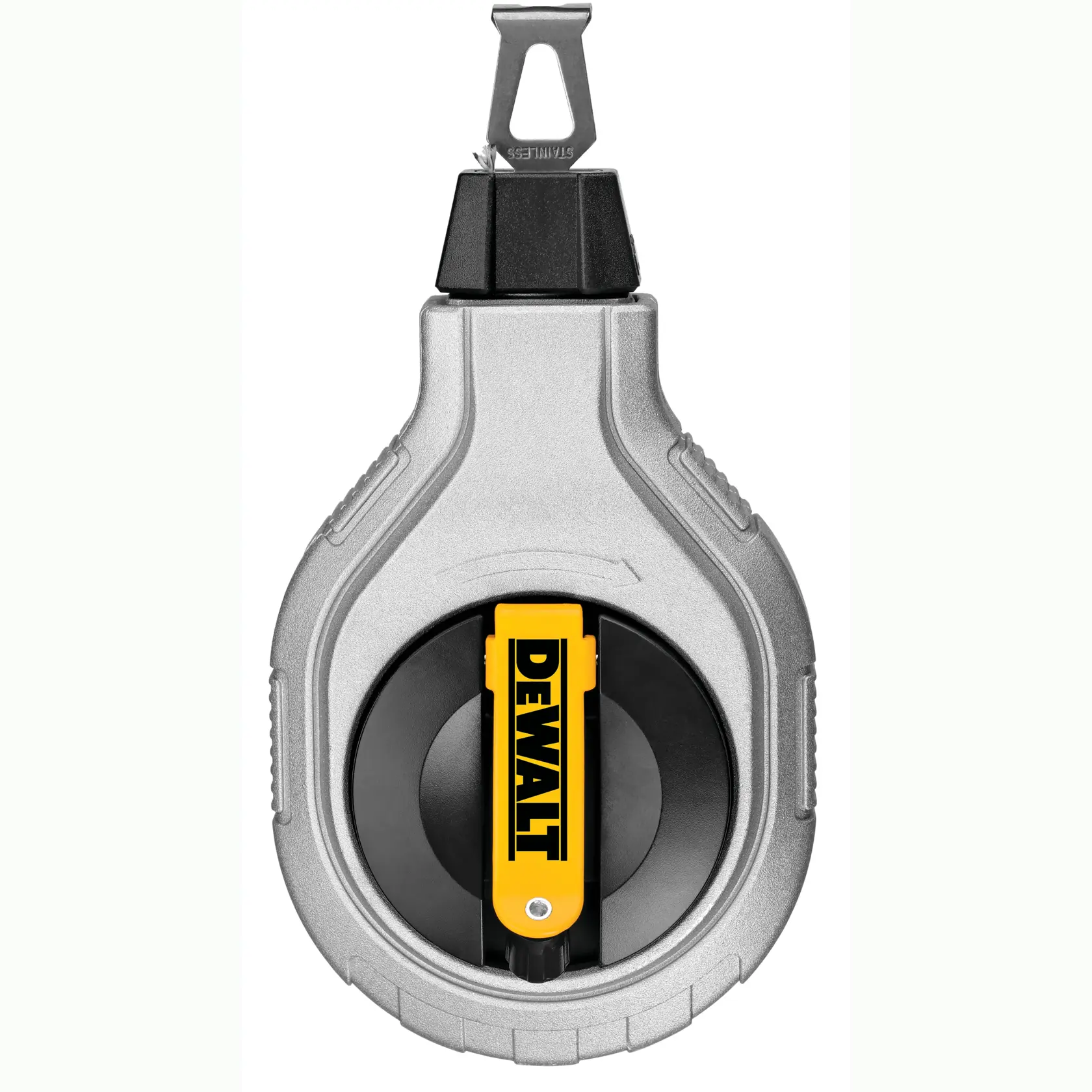 Vorderansicht einer DEWALT-Schlagschnurrolle mit silbernem und schwarzem Gehäuse sowie einem gelben DEWALT-Clip.