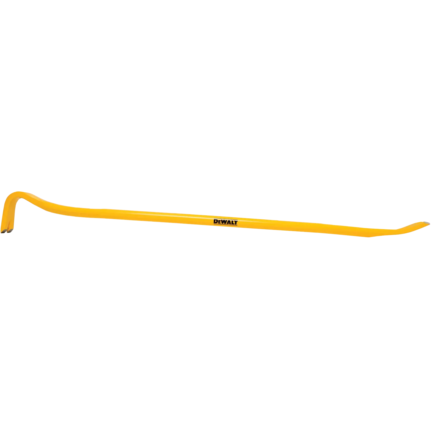 Eine gelbe DEWALT-Werkzeugstange mit flachem und abgewinkeltem Ende, verwendet für Abbruch- und Hebearbeiten.