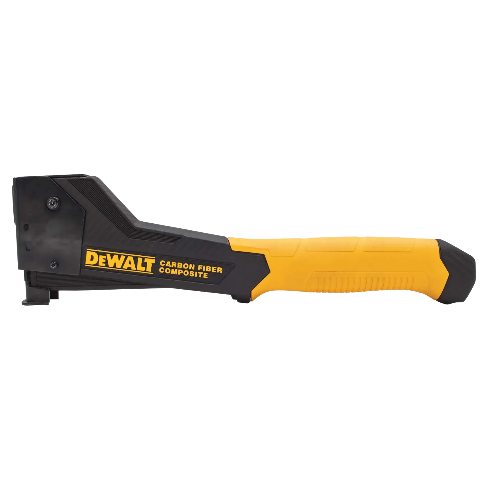 Ein DEWALT Hammer-Tacker aus Carbonfaser-Verbund mit gelb-schwarzem Griff, seitlich abgebildet.