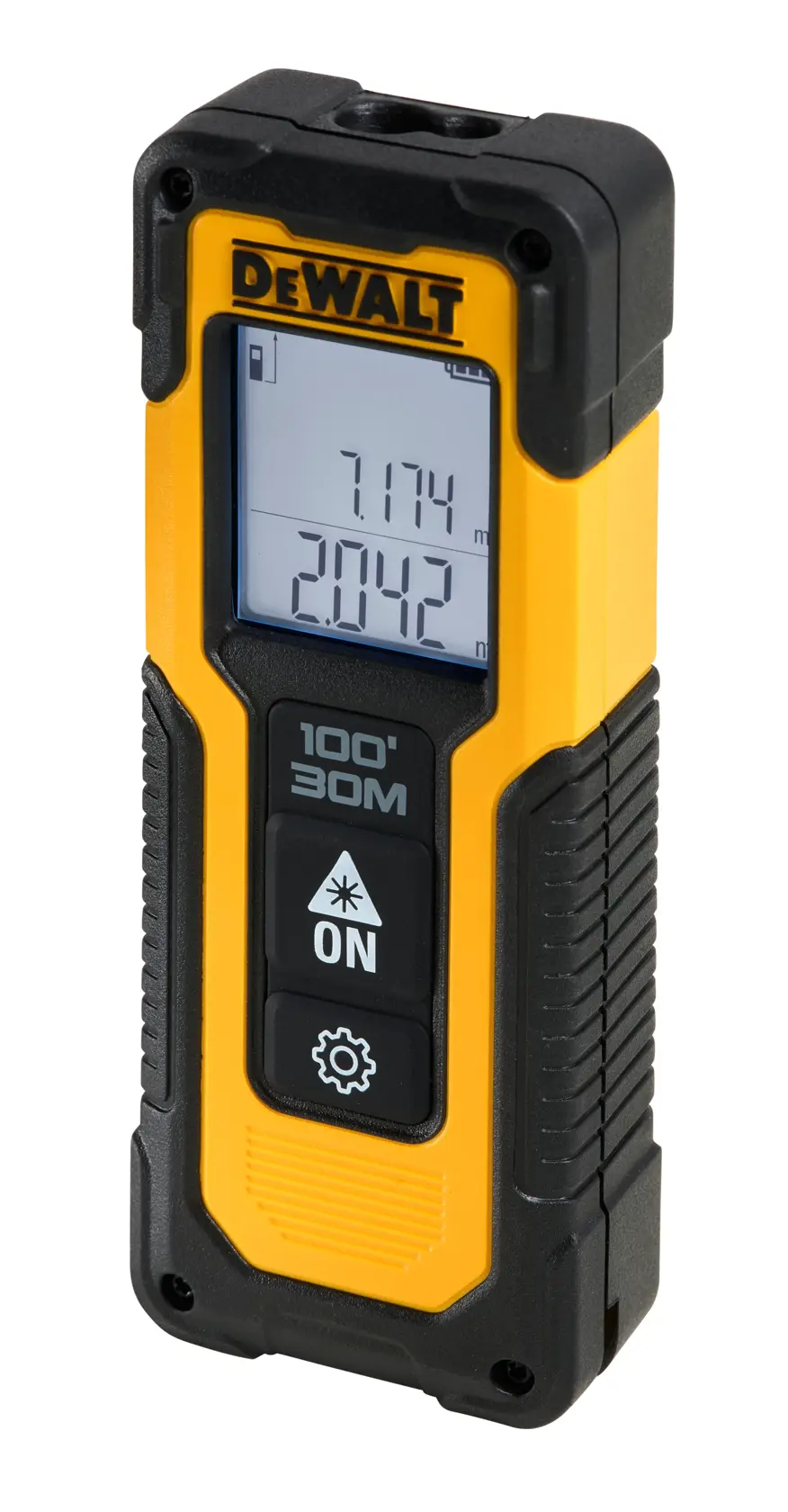 DEWALT Laser-Entfernungsmesser, tragbar mit Bildschirm und 30 m Reichweite, schwarz-gelb.