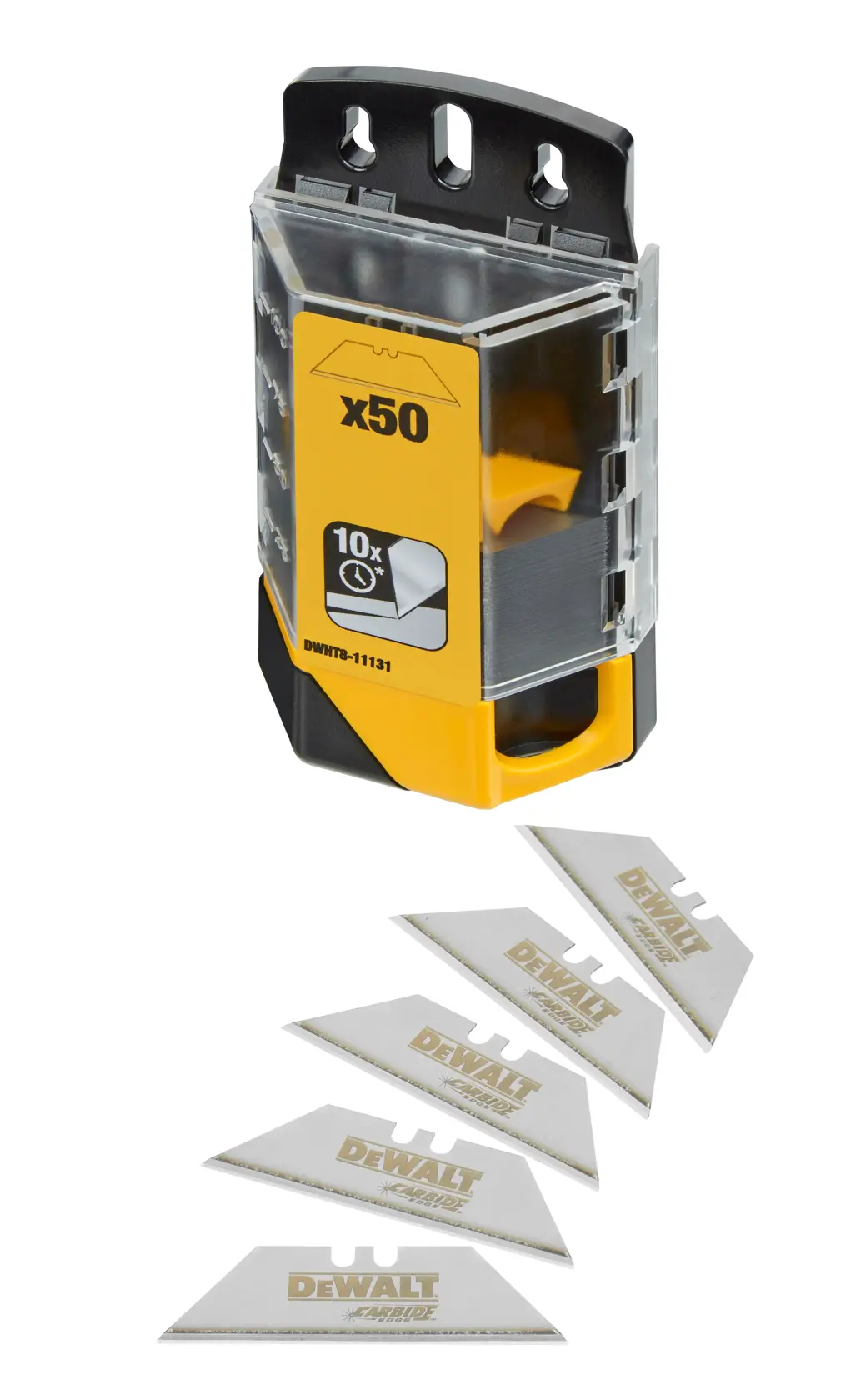 DEWALT DWHT8-11131 50 Stück Universalmesser mit gelbem Spender und fünf Klingen vorne.