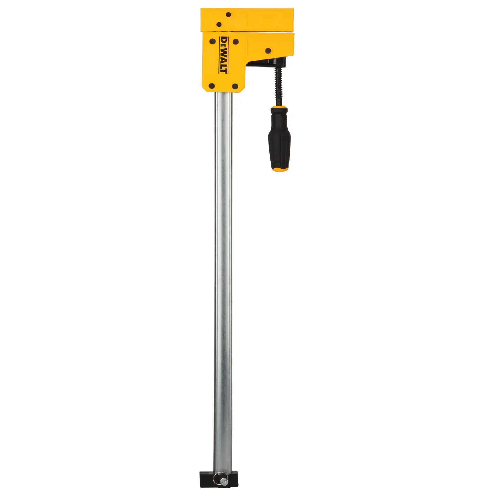 Eine DEWALT Schraubzwinge mit gelbem und schwarzem Griff, verwendet zum Fixieren von Materialien bei Holzarbeiten oder Bauprojekten.