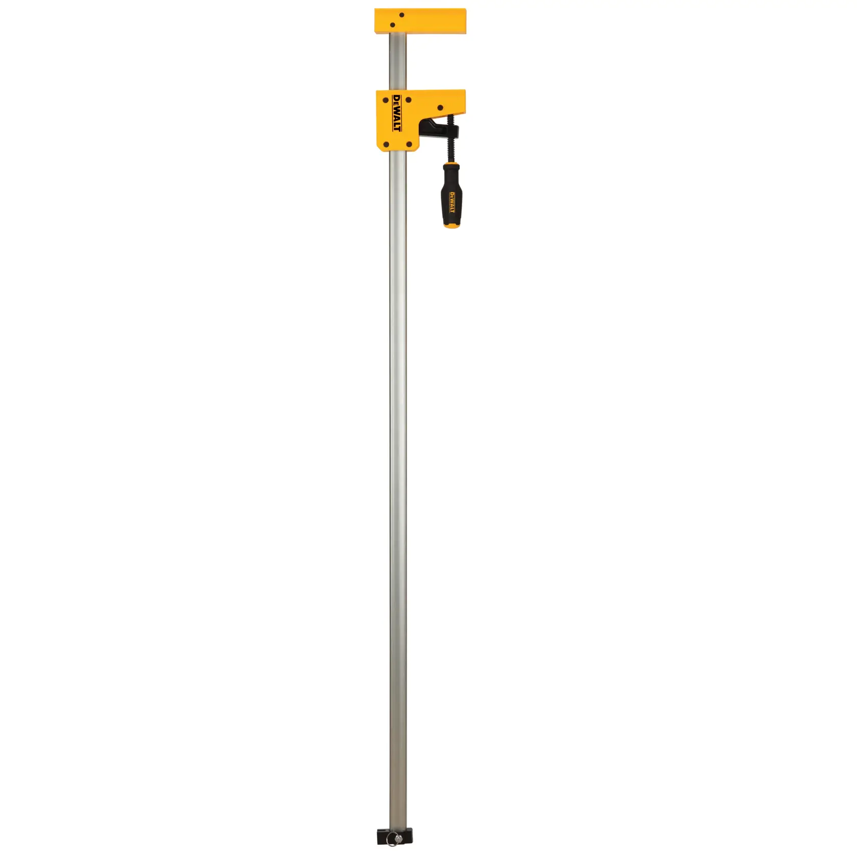 Eine DEWALT Schraubzwinge mit gelbem Griff und Metallstange, verwendet für Holzarbeiten und das Fixieren von Materialien.