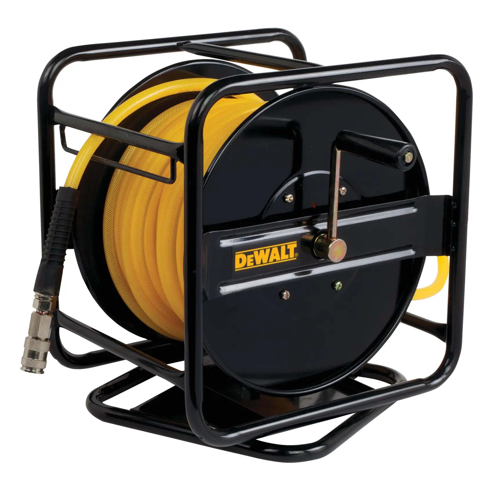 DEWALT Schlauchrolle mit gelbem Schlauch, schwarzem Metallrahmen und Kurbel zur einfachen Handhabung.
