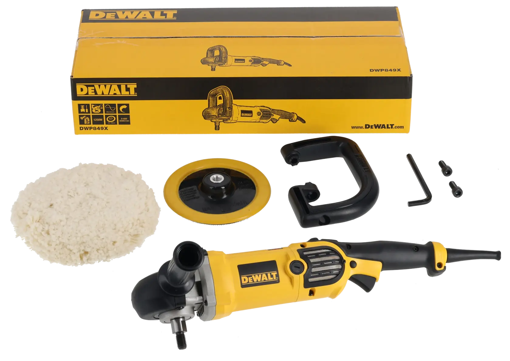 DEWALT DWP849X Polierset mit gelb-schwarzer Verpackung, Poliermaschine, Wollebuff-Pad, Stützteller, Griff, Schlüssel und zwei Schrauben.
