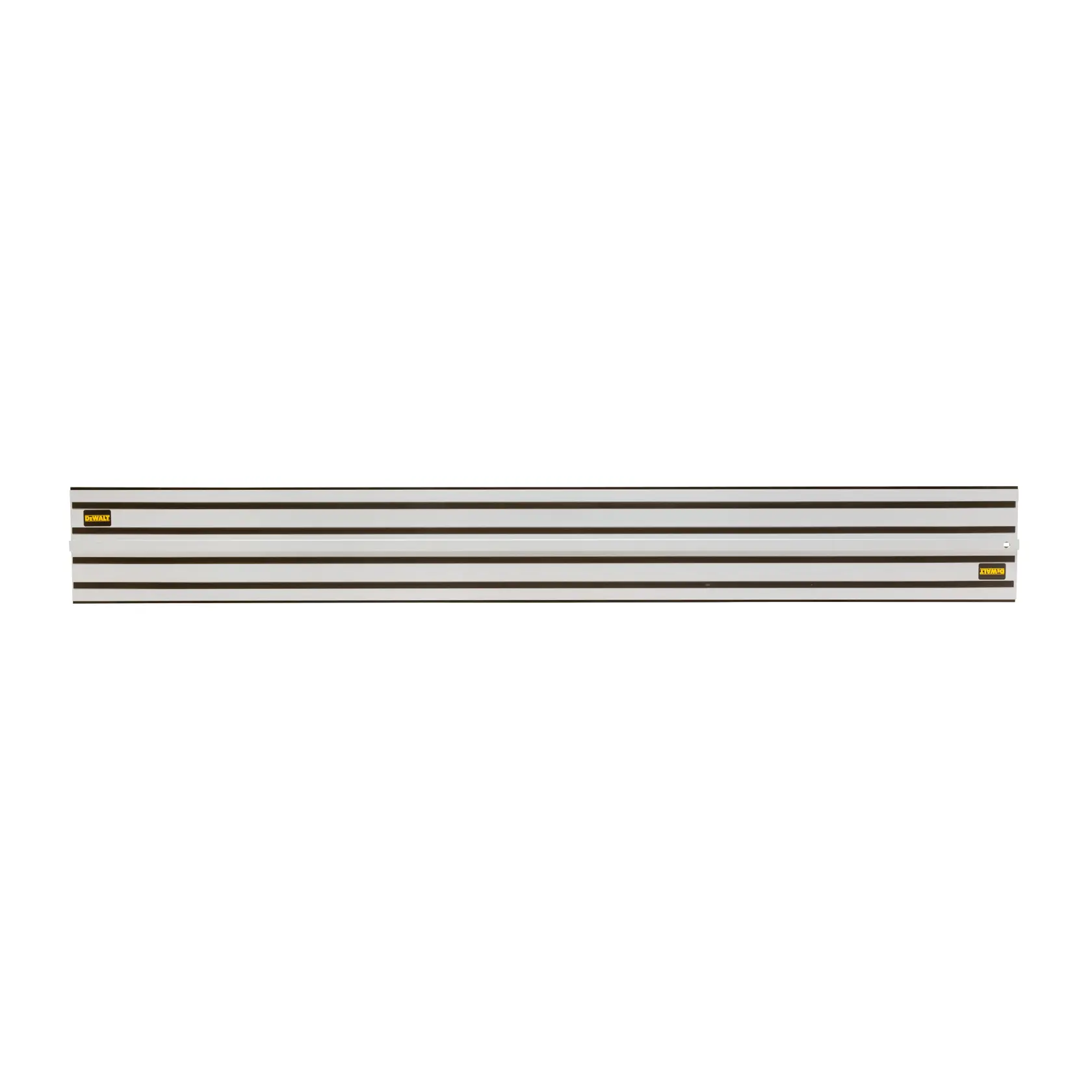 DEWALT DWS5022 Metallschiene für Kreissägen, schwarze Rillen, gelbes Logo an den Enden.