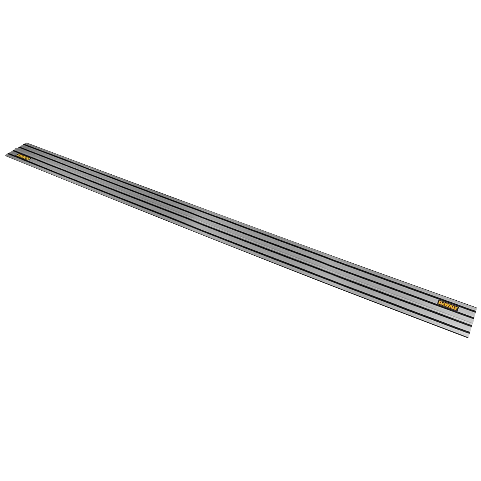 Lange silberne DEWALT-Führungsschiene für Sägen mit schwarzen Linien und Logo auf Weiß.