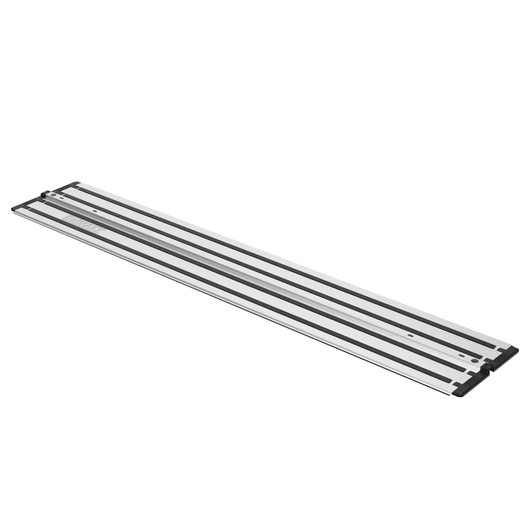 Rail de guidage DEWALT pour scies, long, métallique avec bords noirs, utile pour coupes droites.