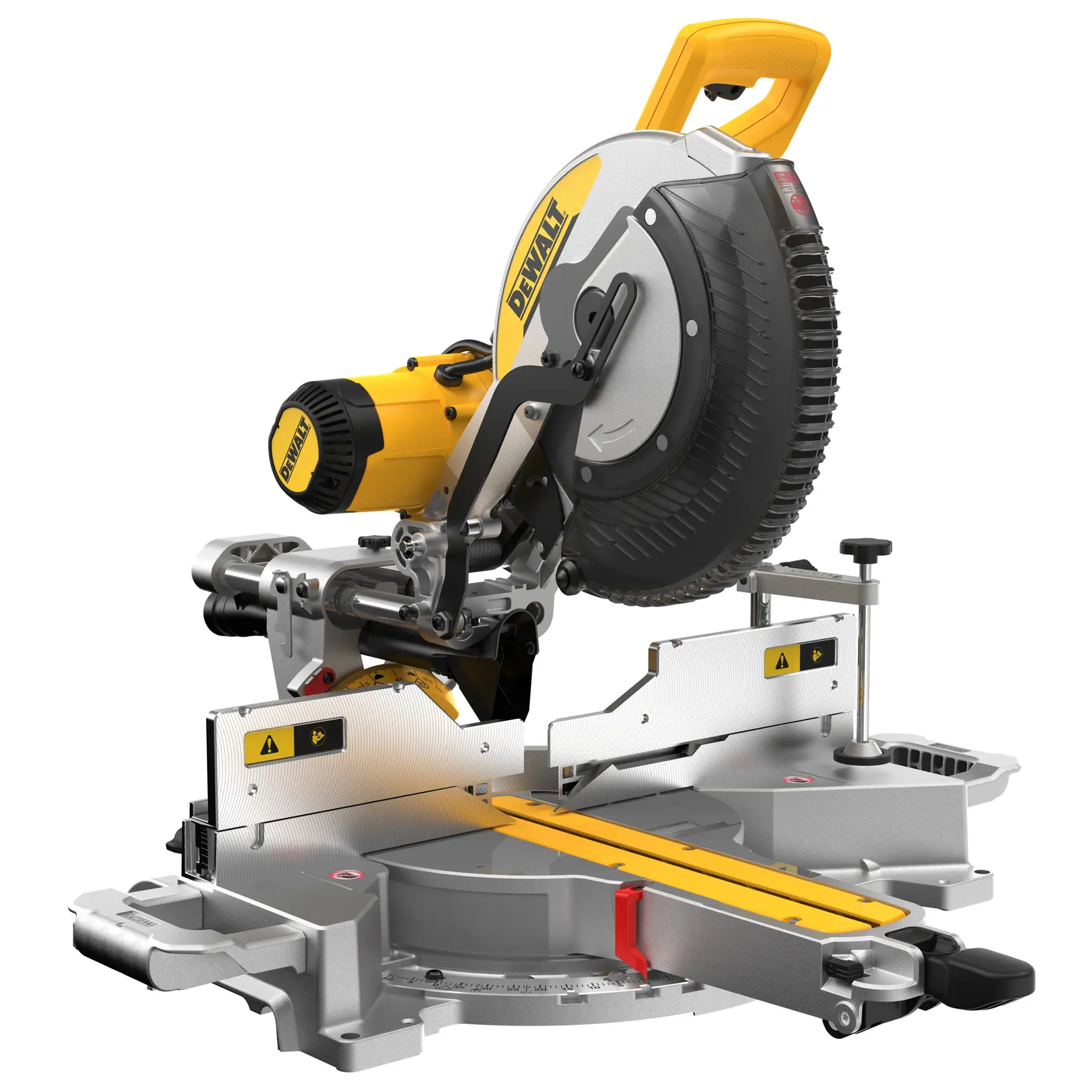 DEWALT Gehrungssäge für Fotografie, SKUs DWS780 und DWS780KIT, gelber Griff und Klingenschutz.