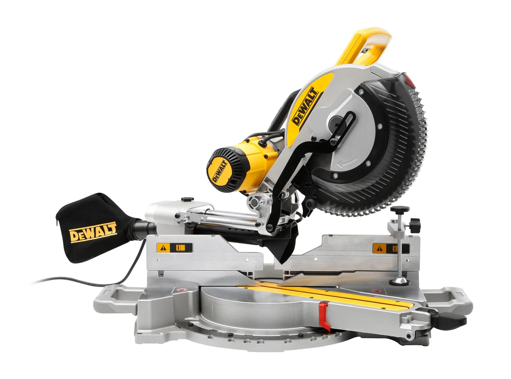 Eine DEWALT DWS780 Kappsäge mit gelb-schwarzem Griff, Staubbeutel und verstellbarem Metallfuß auf weißem Hintergrund.
