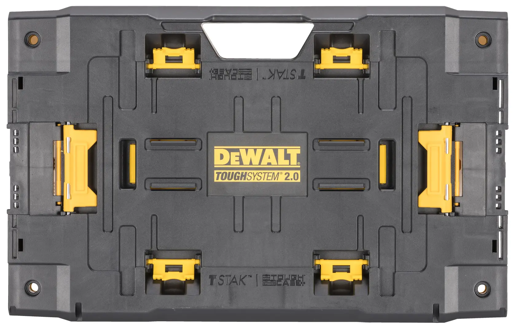 DEWALT ToughSystem 2.0 schwarze Werkzeugbox mit gelben Verschlüssen und Griff, von oben betrachtet.