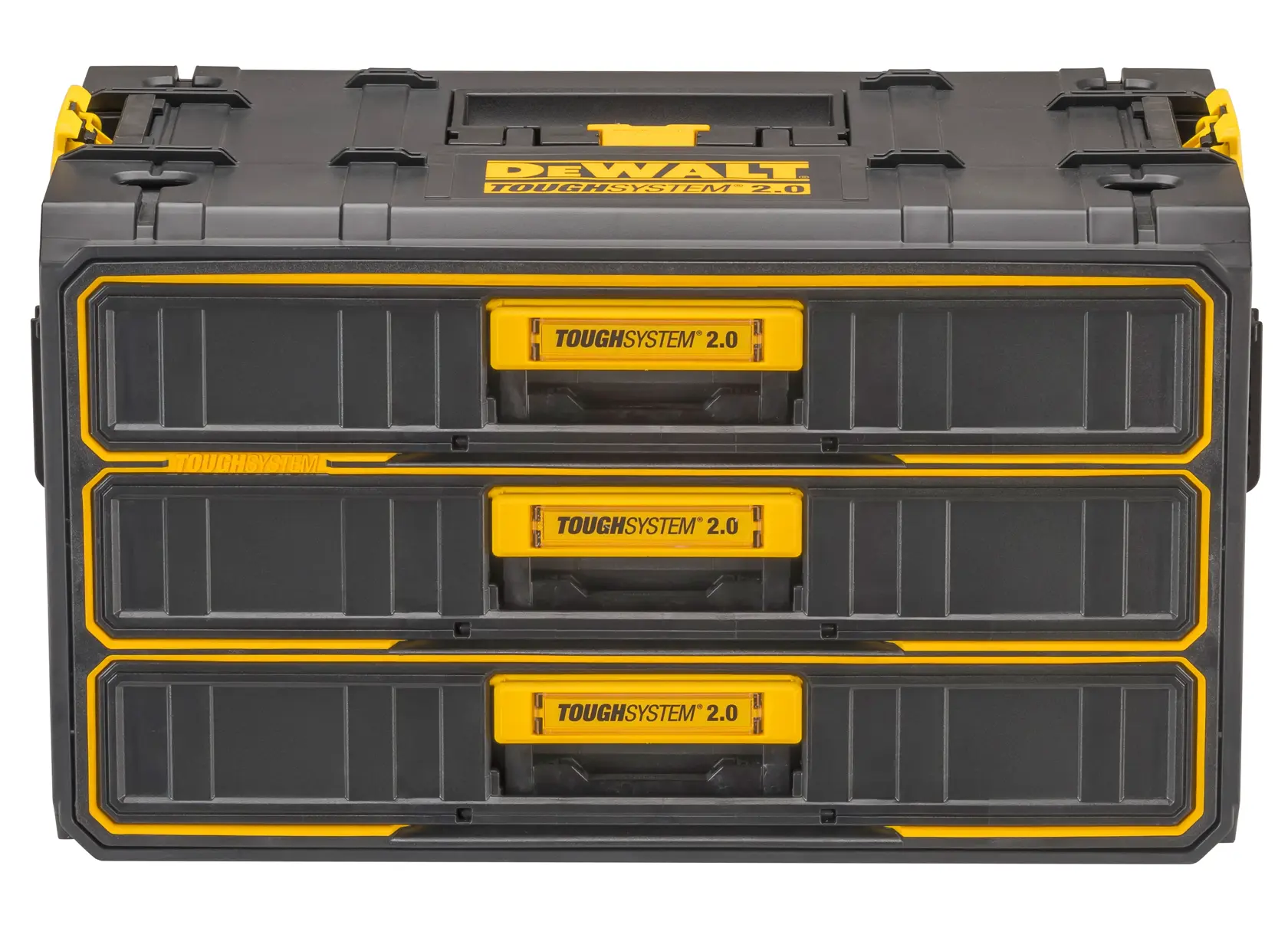 DEWALT ToughSystem 2.0 Aufbewahrungsbox mit drei Schubladen, schwarz-gelb, stabil für Werkzeuge.