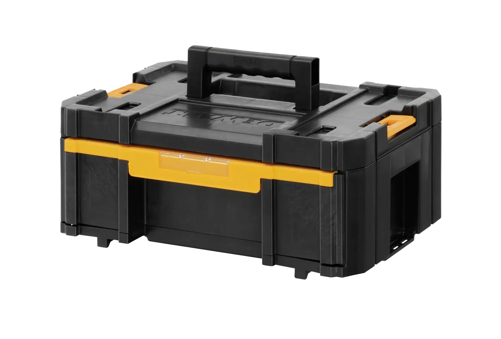 Black and yellow DEWALT toolbox with a central handle. Durable design for tool storage and transport.