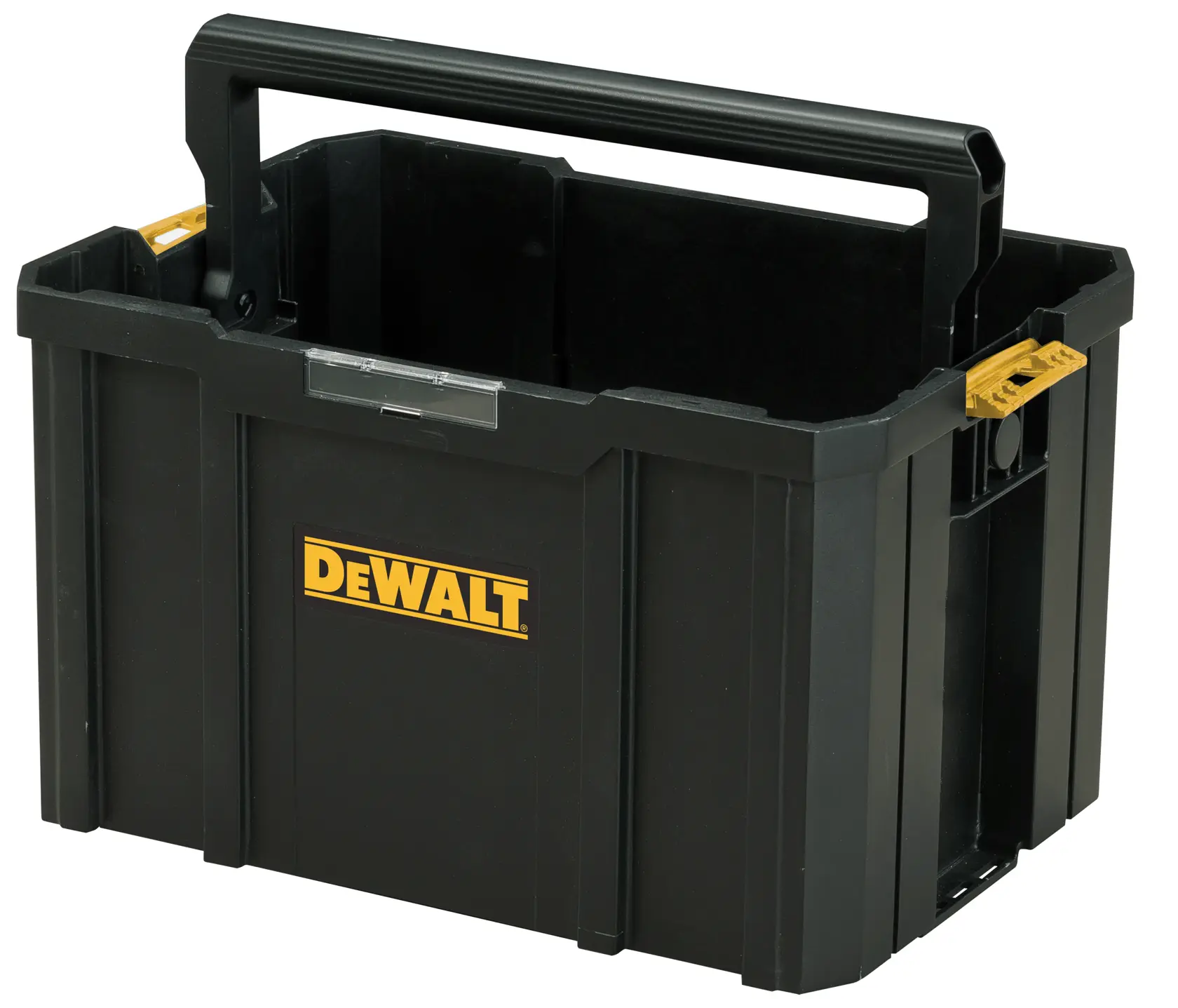 Offener schwarzer DEWALT Werkzeugkasten mit Griff, robust für Aufbewahrung und Transport.