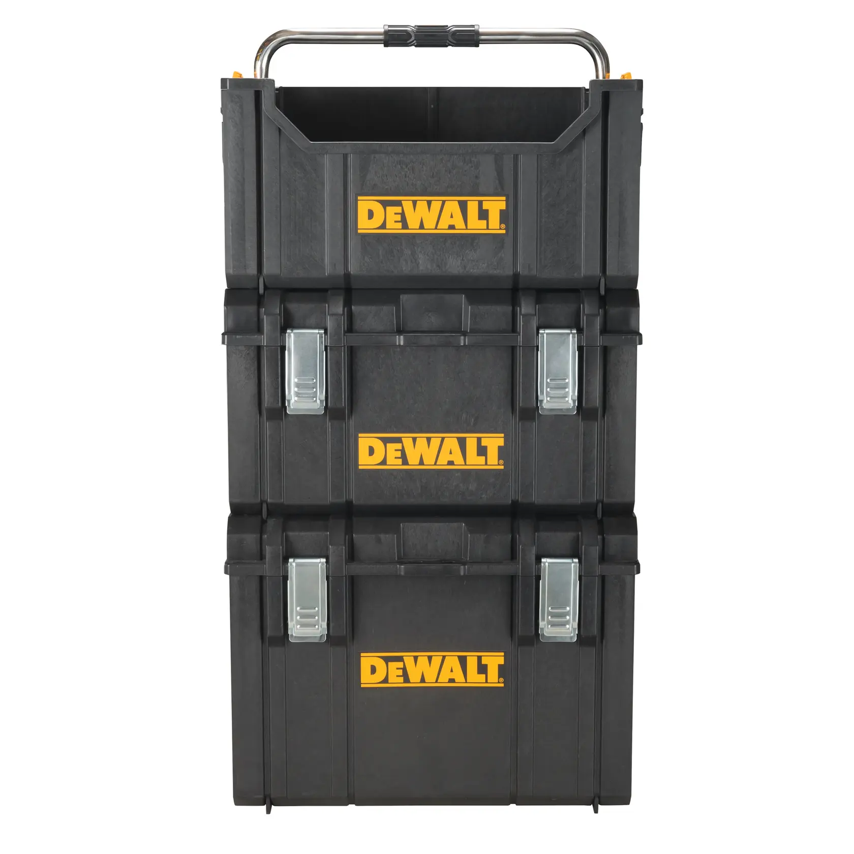 DEWALT ToughSystem 2.0 Werbegrafik mit dem Slogan 'Storage Built to Handle It' in großen, gelben Buchstaben auf einem dunklen, strukturierten Hintergrund.