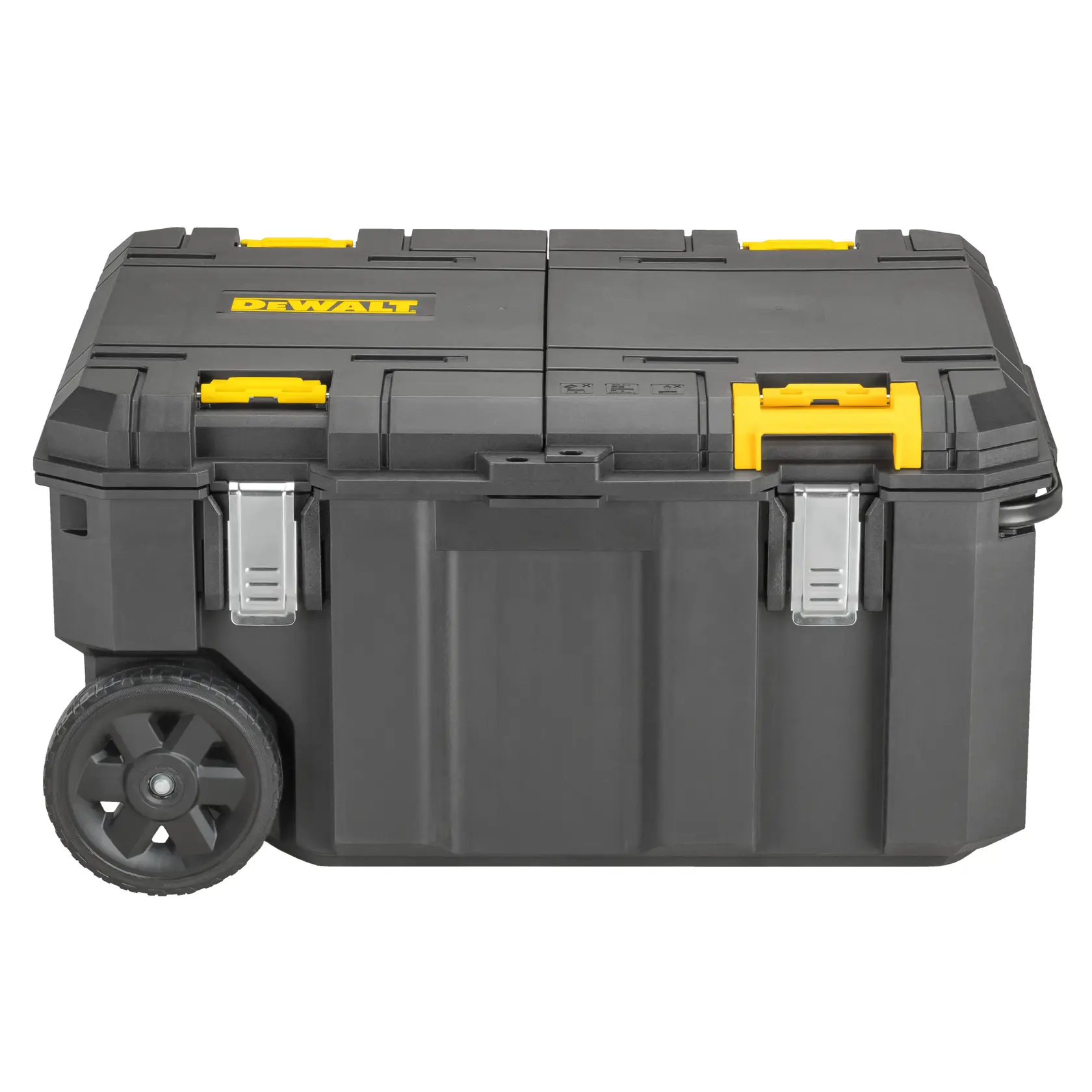 Großer schwarzer DEWALT Werkzeugkasten mit Rollen, gelben Clips und Metallverschlüssen für Aufbewahrung und Transport.