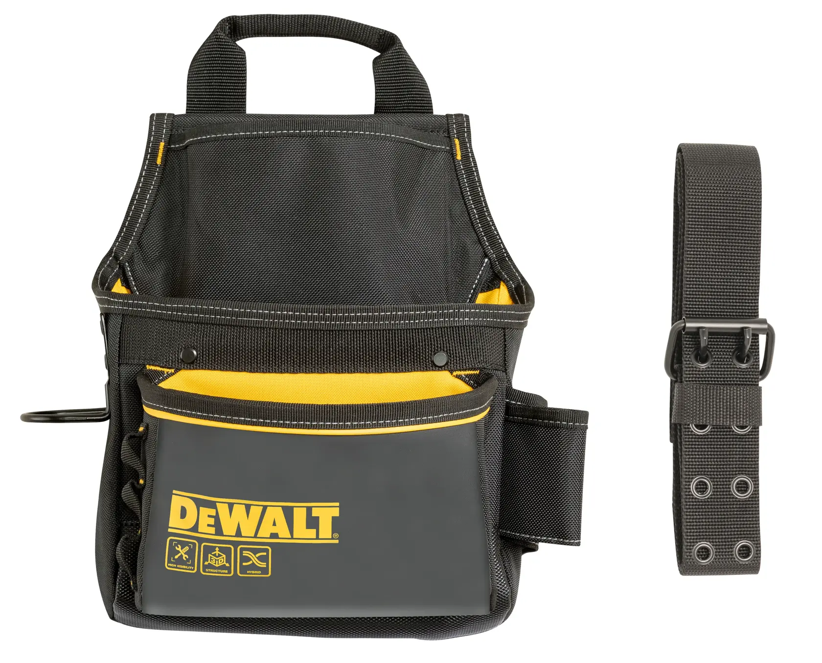 DEWALT schwarze Werkzeugtasche mit gelben Details und passendem verstellbarem Gürtel zum Werkzeugtragen.
