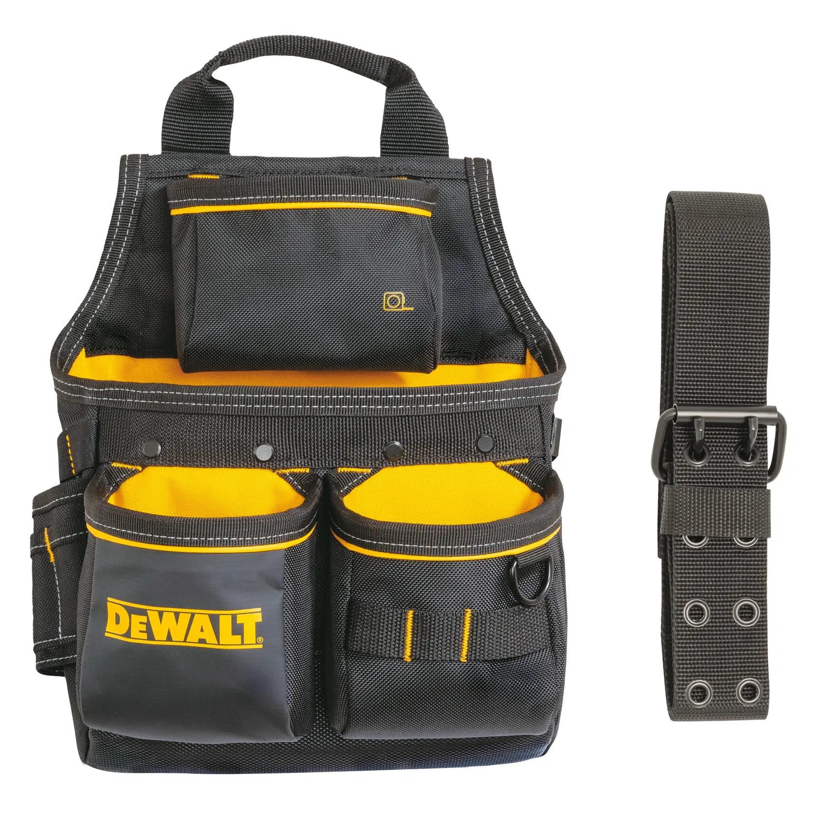 DEWALT Werkzeugtasche in Schwarz-Gelb mit vielen Taschen und separatem verstellbarem Gurt.