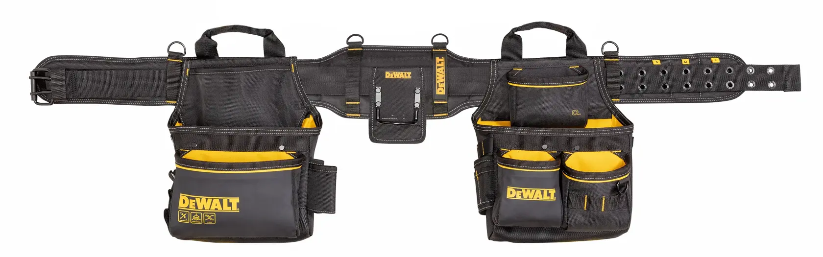 DEWALT Werkzeug-Gürtel in Schwarz-Gelb mit vielen Taschen für Werkzeug und Zubehör.