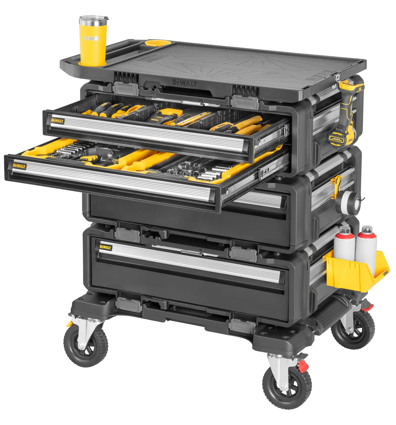 DEWALT mobiler Werkzeugwagen mit offenen Schubladen, ordentliches Werkzeug und Zubehör auf Rollen.