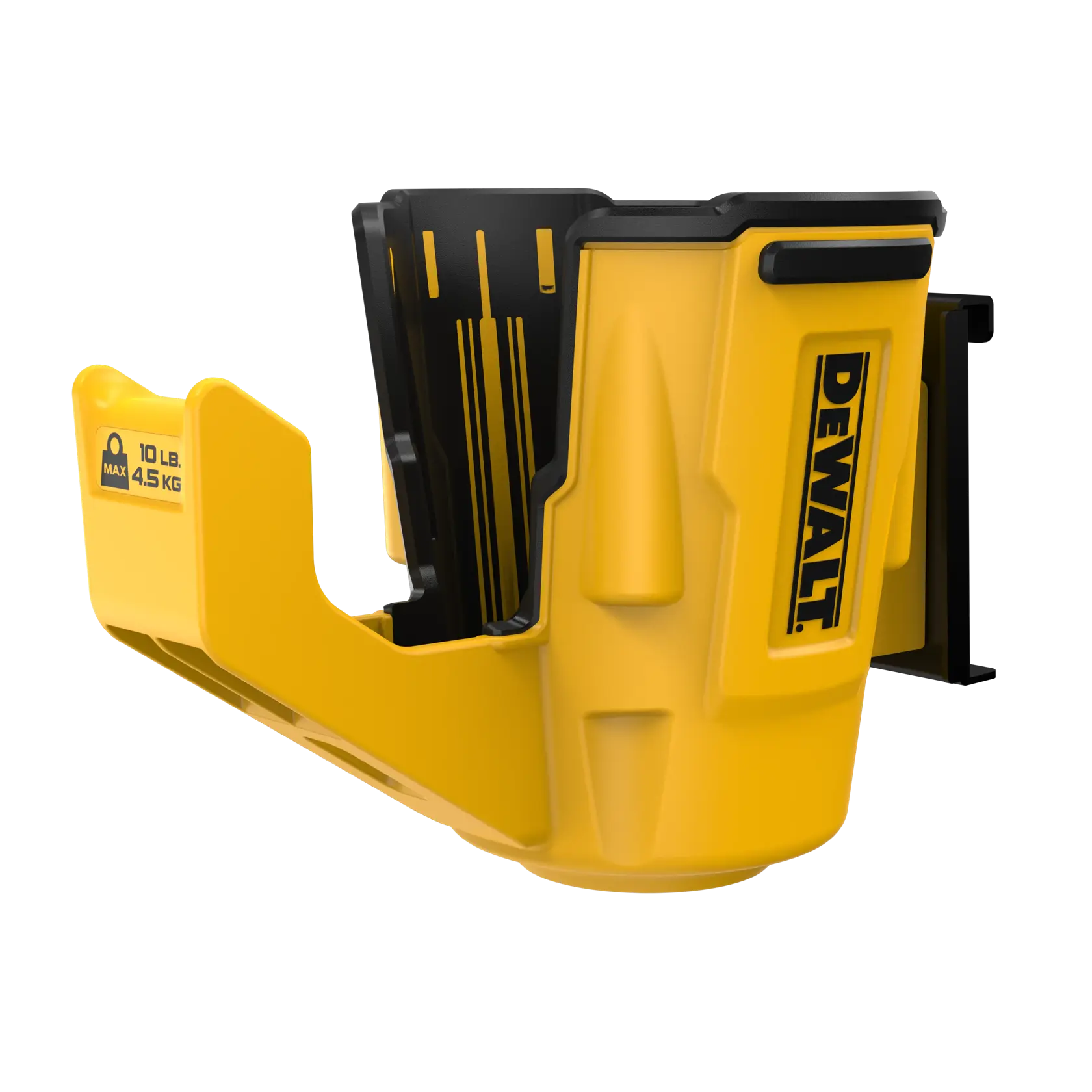 Gelber DEWALT Werkzeughalter mit schwarzen Details, Wandhalterung, max 10 lb.