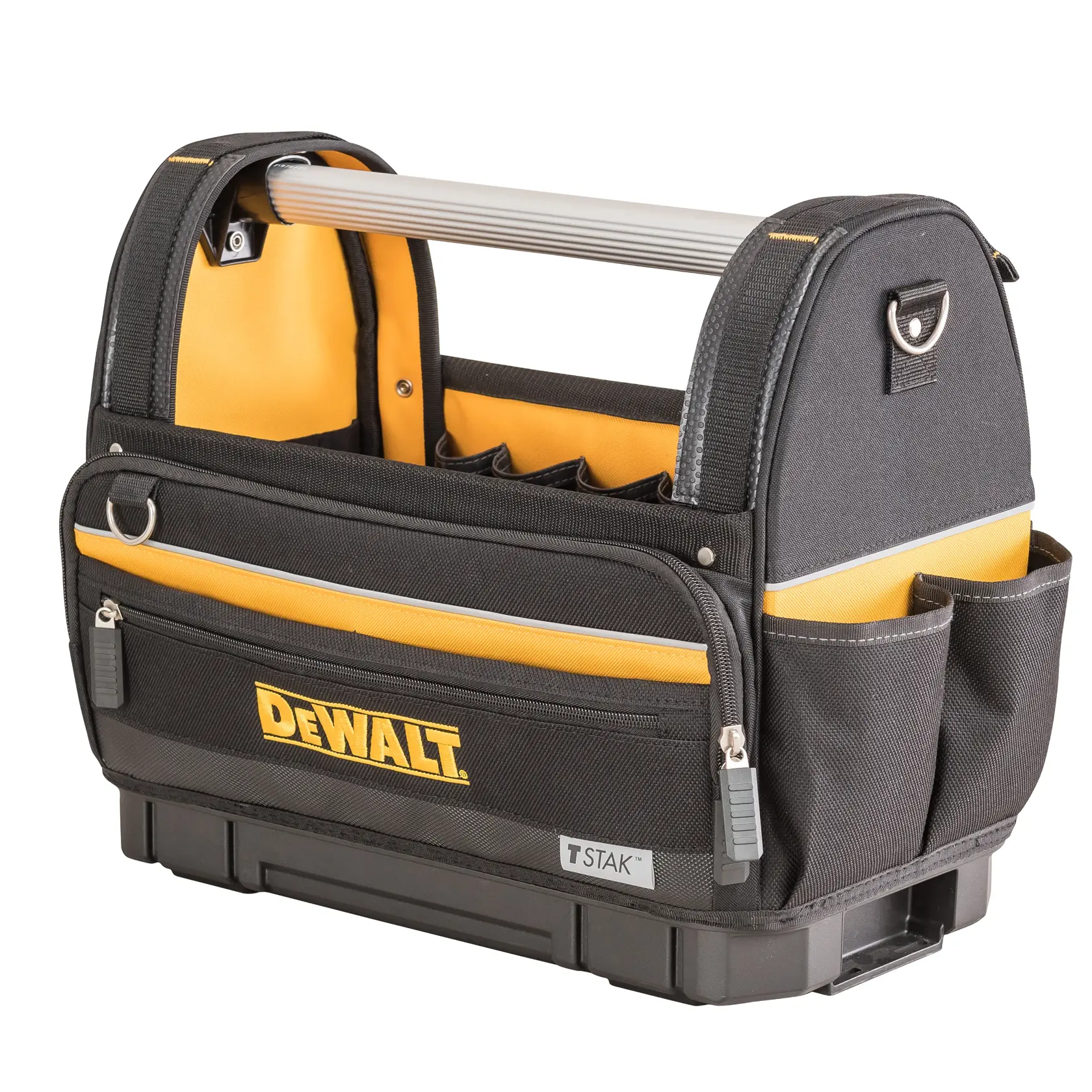 Schwarz-gelbe DEWALT Werkzeugtasche mit Taschen, Frontreißverschluss und Metallgriff.