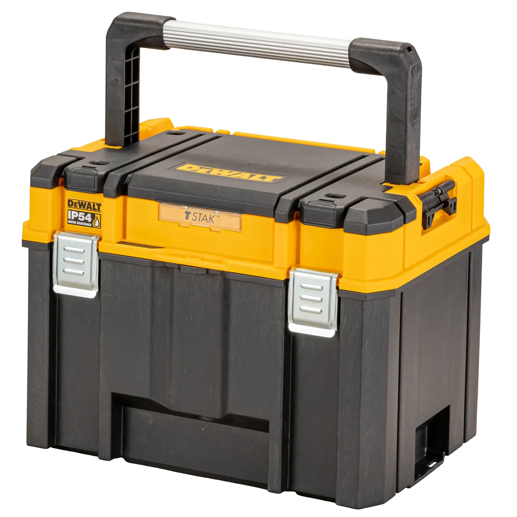 Schwarz-gelbe DEWALT Werkzeugbox mit stabilem Griff und Metallschließen.