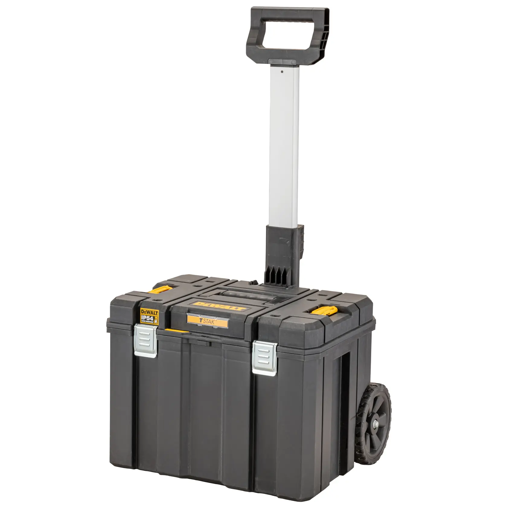 Schwarzer DEWALT Werkzeugkasten mit Rädern und Griff, robustes Design für Werkzeugaufbewahrung und Transport.
