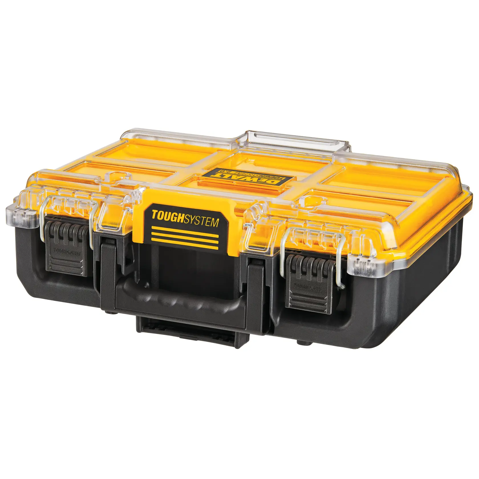 Robuster DEWALT ToughSystem Werkzeugkasten mit gelbem Deckel, klaren Verschlüssen und schwarzem Boden.