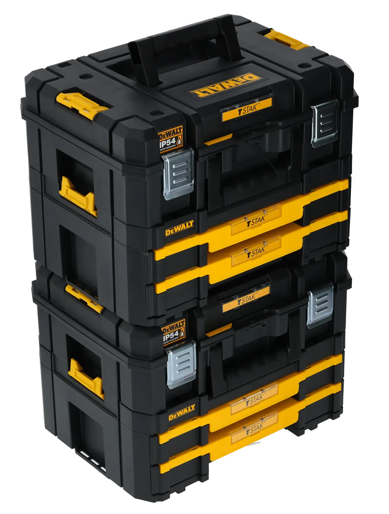 DEWALT TSTAK Werkzeugboxen gestapelt, DWST83395 und DWST83395-1, schwarz-gelb.