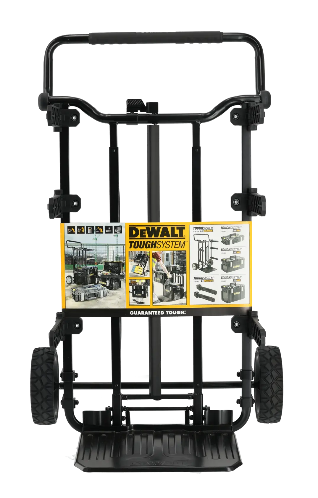 DEWALT ToughSystem 2.0 Werbegrafik mit dem Slogan 'Storage Built to Handle It' in großen, gelben Buchstaben auf einem dunklen, strukturierten Hintergrund.