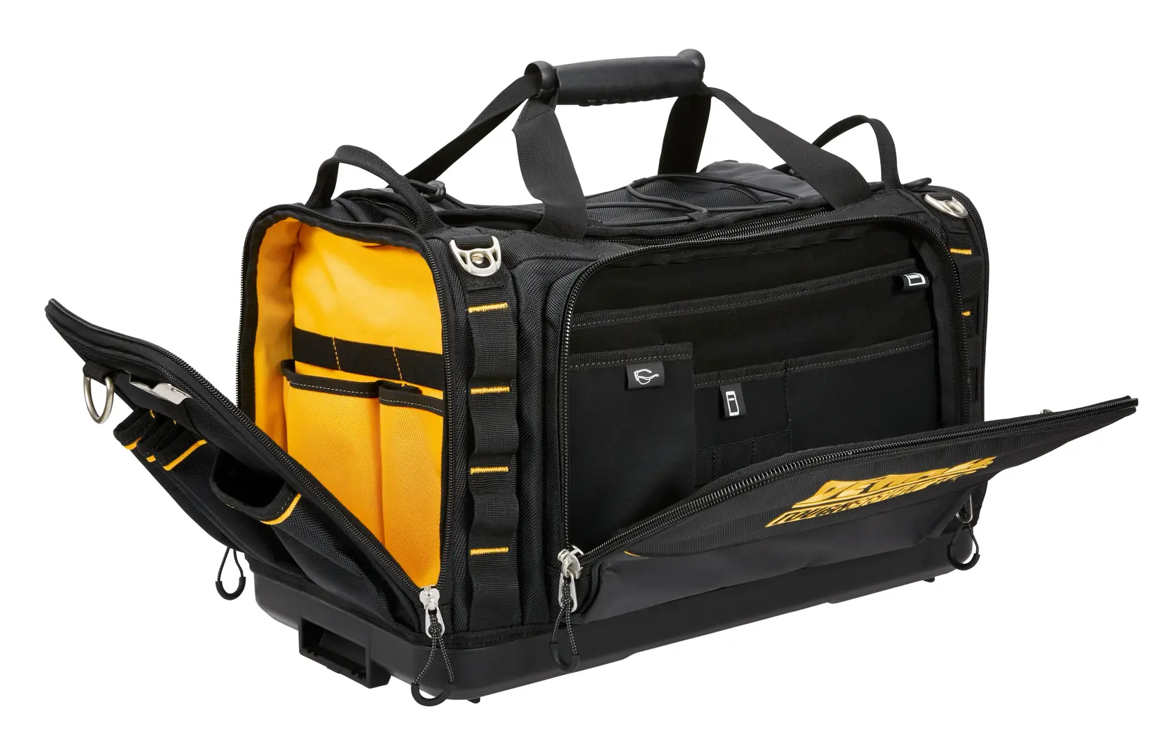 Graphique promotionnel DEWALT ToughSystem 2.0 avec le slogan 'Storage Built to Handle It' en grandes lettres jaunes sur un fond sombre texturé.
