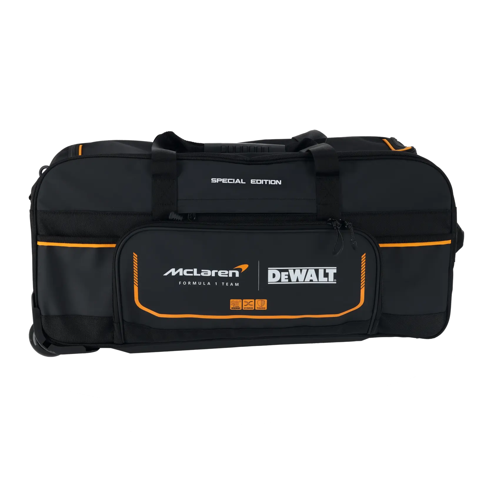 Schwarze DEWALT Special Edition Werkzeugtasche mit McLaren Logo, orange Akzenten, Griffen und Fronttasche.
