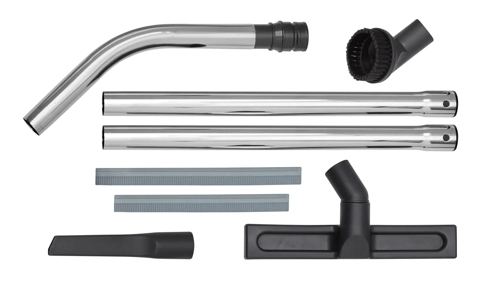 Ein Satz DEWALT Staubsaugerzubehör, bestehend aus zwei geraden Metall-Verlängerungsrohren, einem gebogenen Metallrohr, einer runden Staubbürste, einer Bodendüse, einer Fugendüse und zwei flexiblen grauen Einsätzen, auf weißem Hintergrund dargestellt.