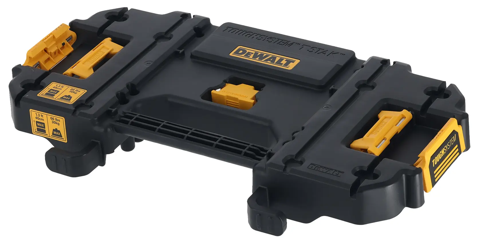 DEWALT DWV9510 stapelbarer, schwarzer Werkzeugorganizer mit gelben Clips und Logo für einfache Lagerung.