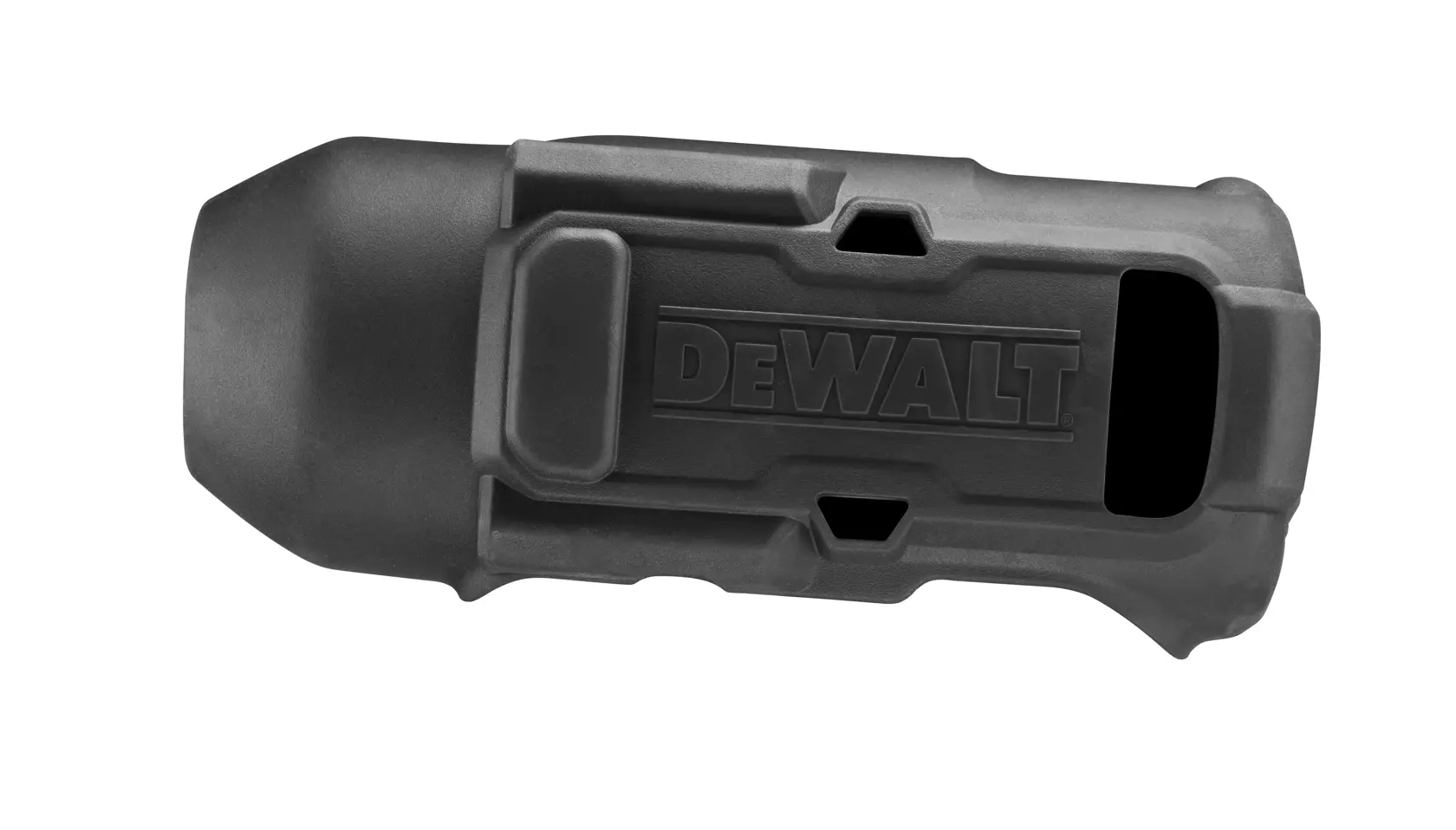Schwarze Schutzgummihülle für ein Fotografiegerät mit DEWALT-Logo.