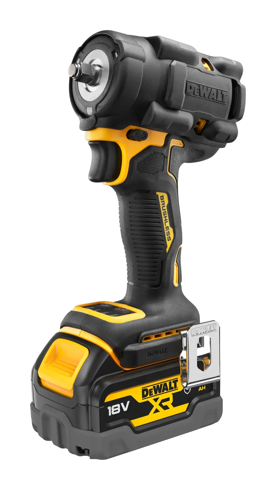 Schwarze Schutzhülle aus Gummi mit gerippter Textur, entworfen für ein DEWALT-Fotozubehör. Das DEWALT-Logo ist seitlich eingeprägt.